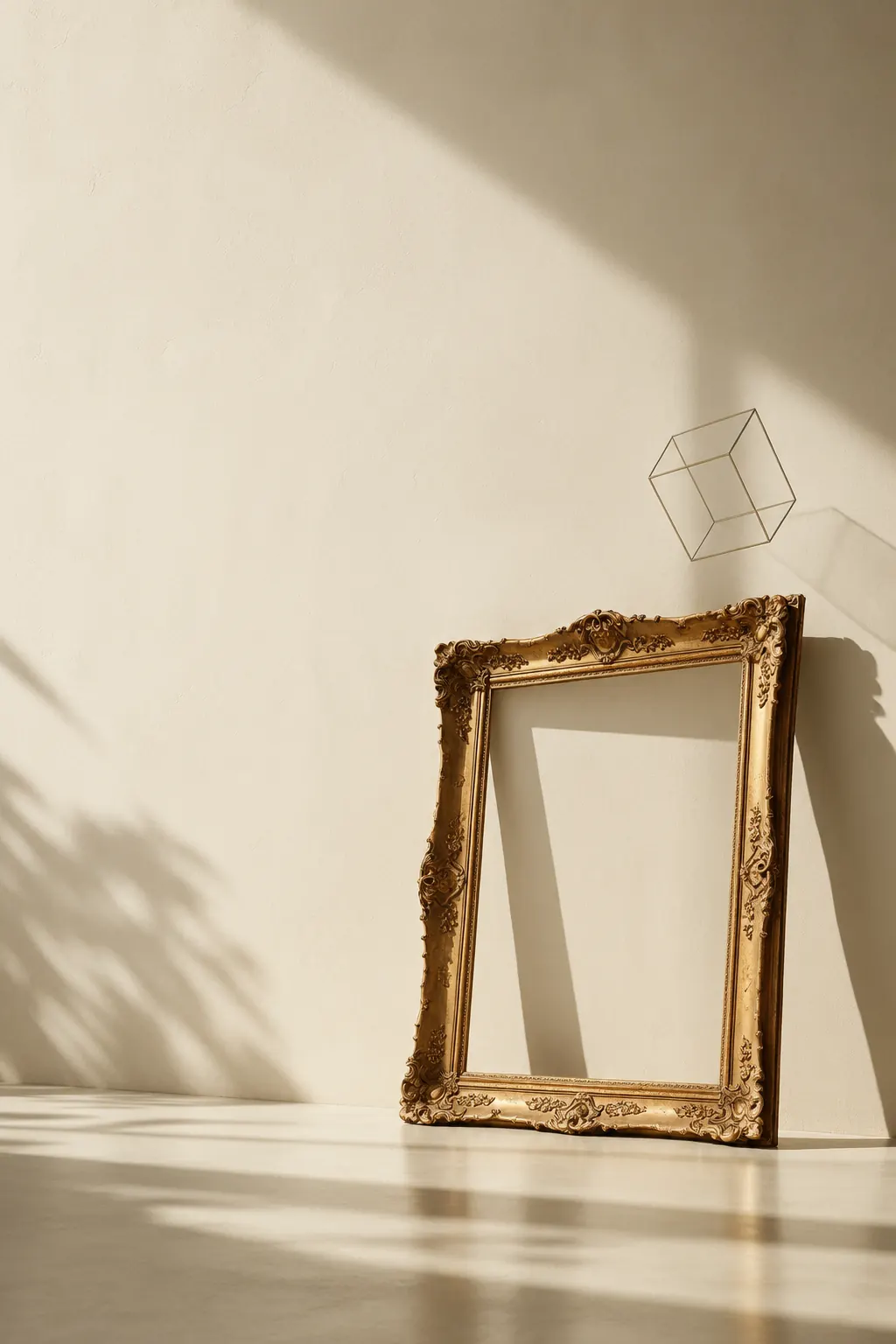 An ornate gold frame and floating wireframe cube in a cream studio
