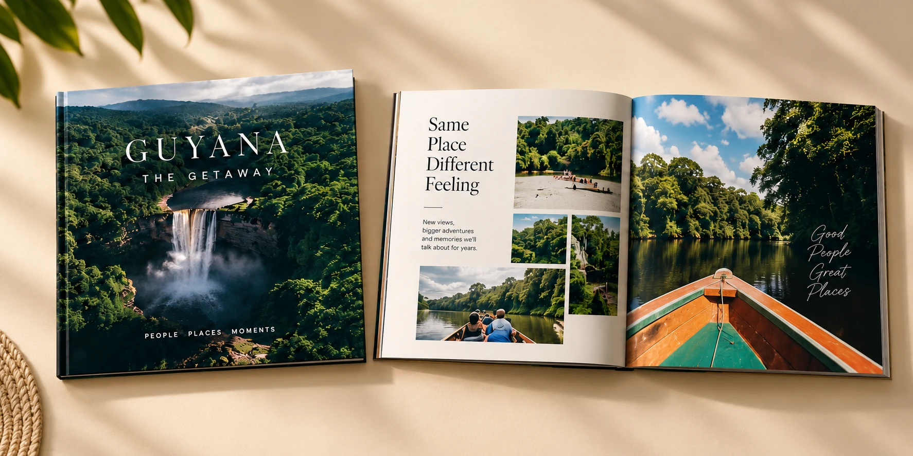 Guyana — The Getaway photobook cover and open river-themed spread